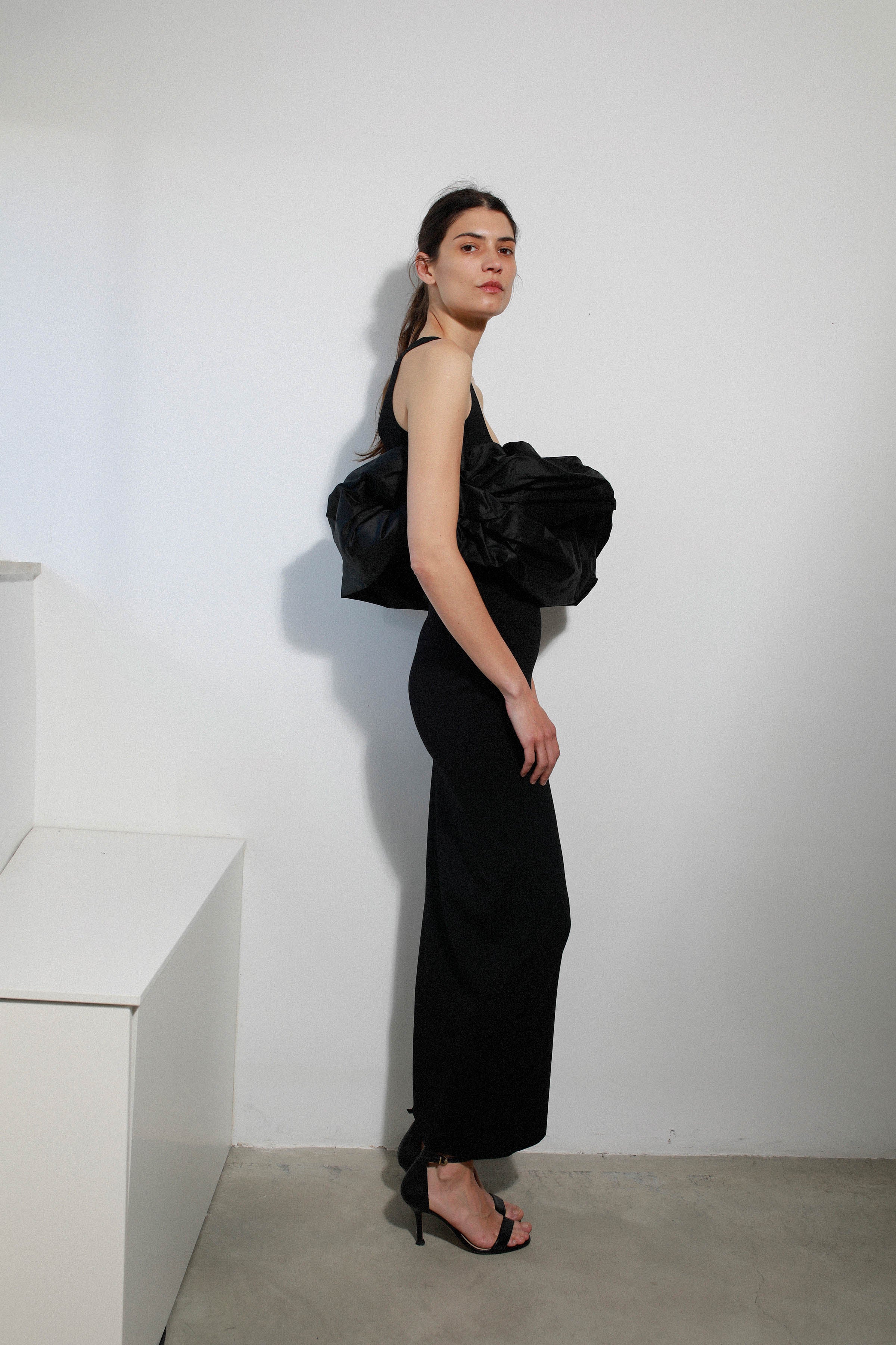 FITTED DRESS WITH SQUARE NECKLINE and black taffeta piece