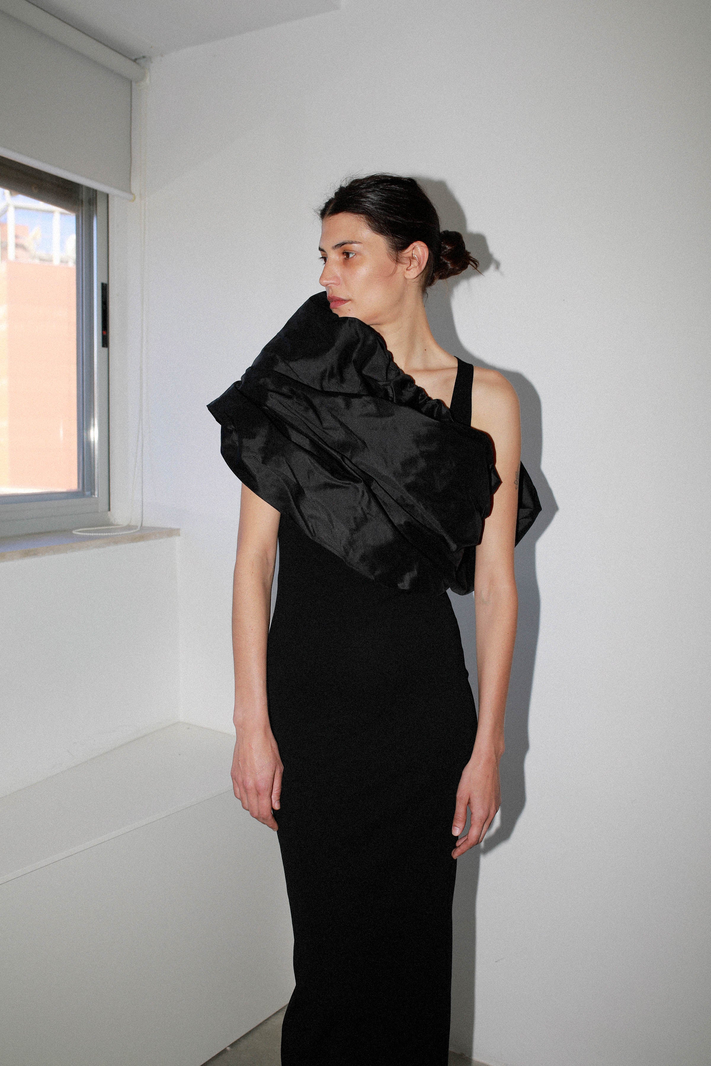 FITTED DRESS WITH SQUARE NECKLINE and black taffeta piece