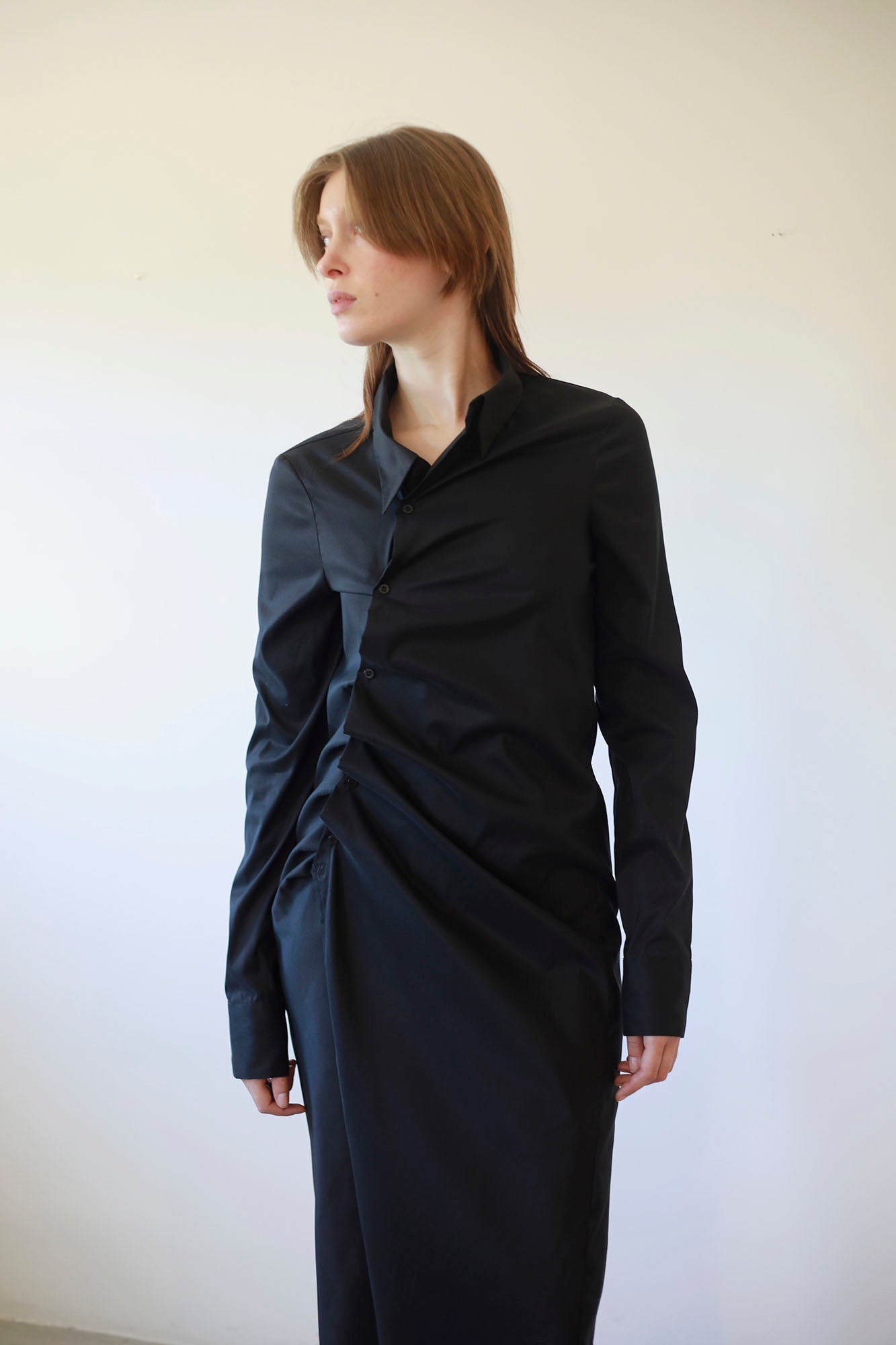 BLACK POPLIN ASYMMETRIC DRAPPED DRESS