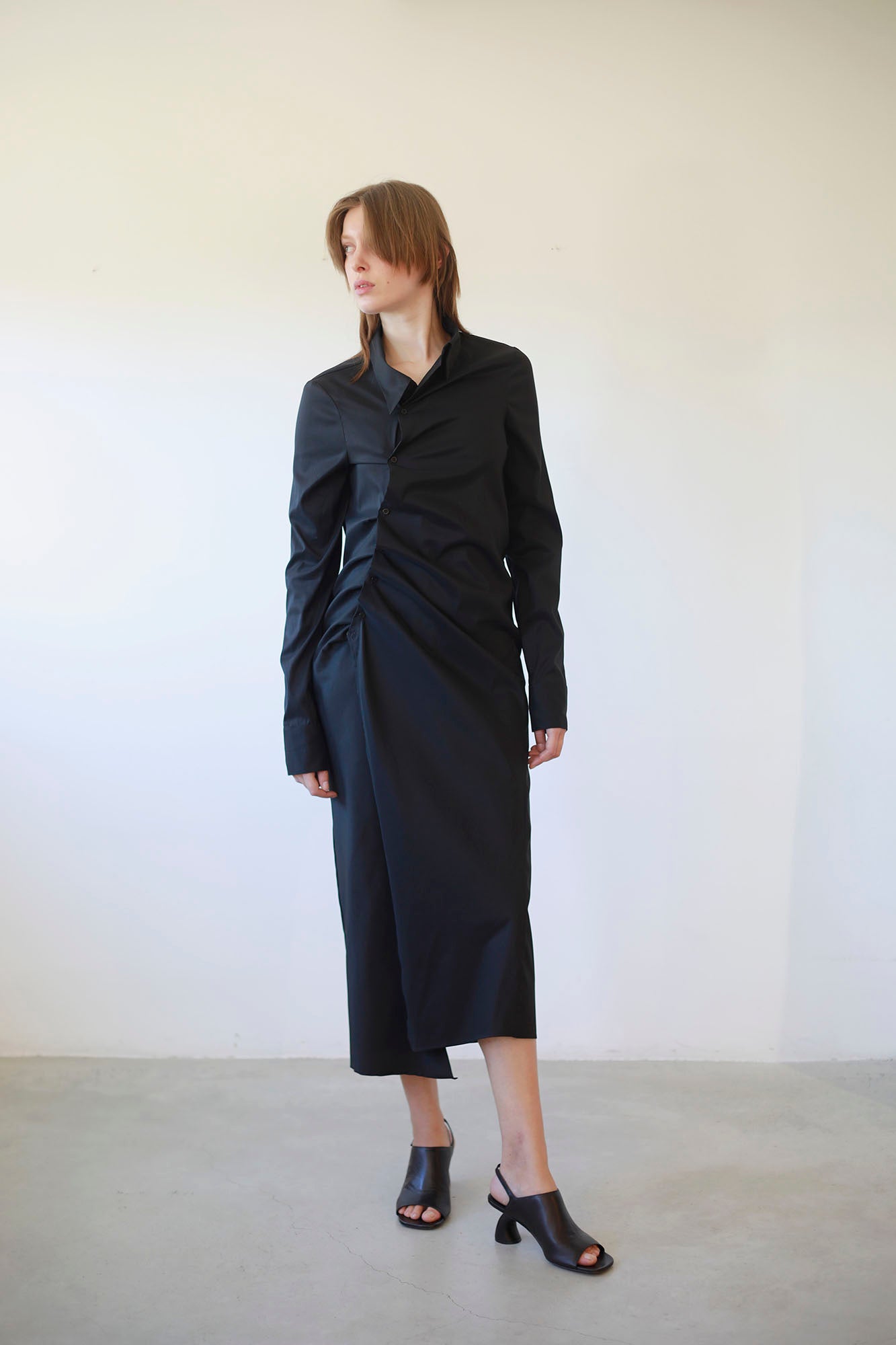 BLACK POPLIN ASYMMETRIC DRAPPED DRESS