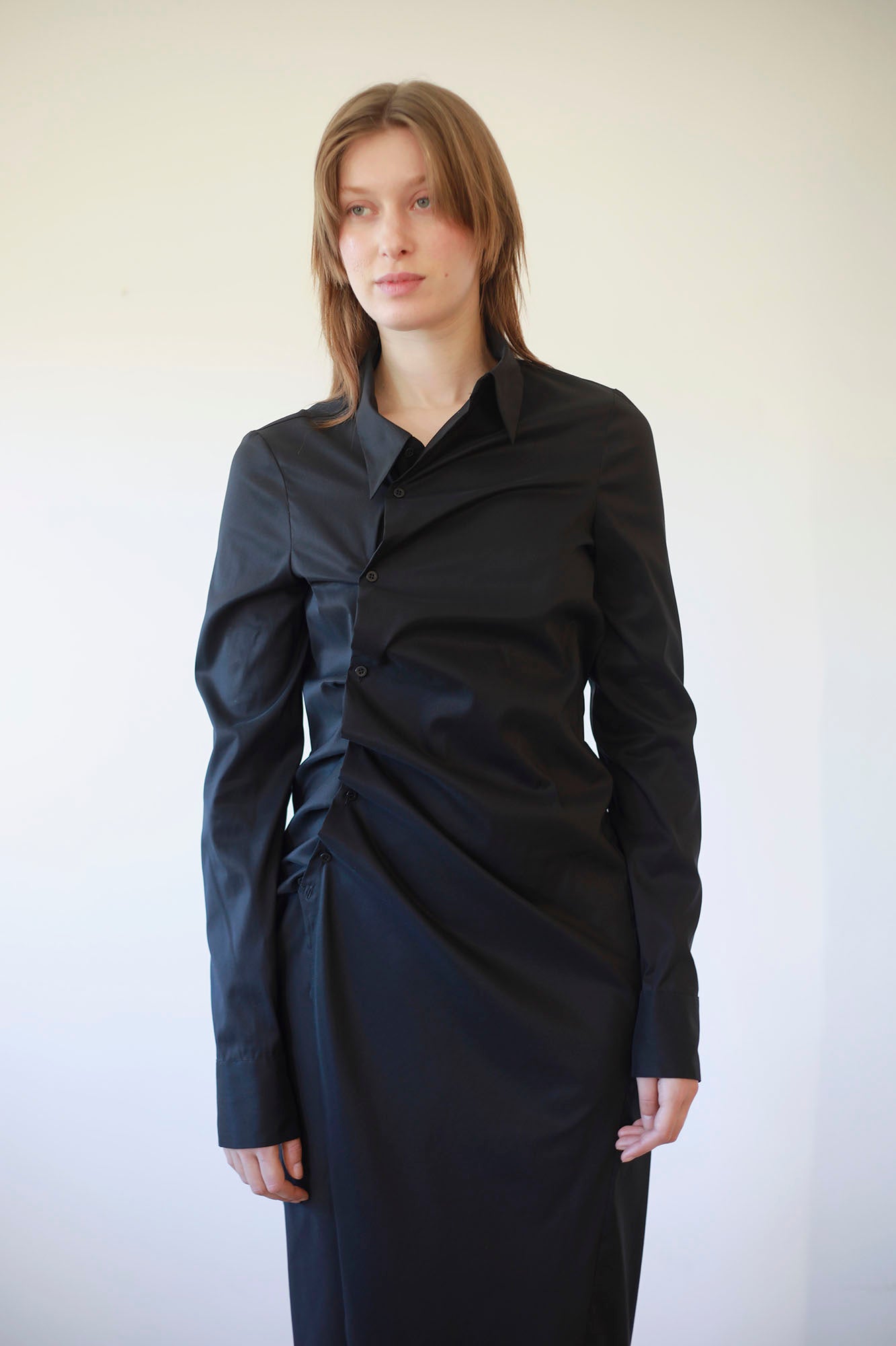 BLACK POPLIN ASYMMETRIC DRAPPED DRESS