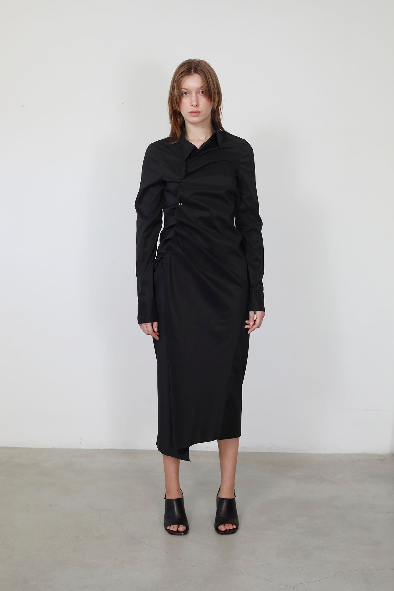 BLACK POPLIN ASYMMETRIC DRAPPED DRESS