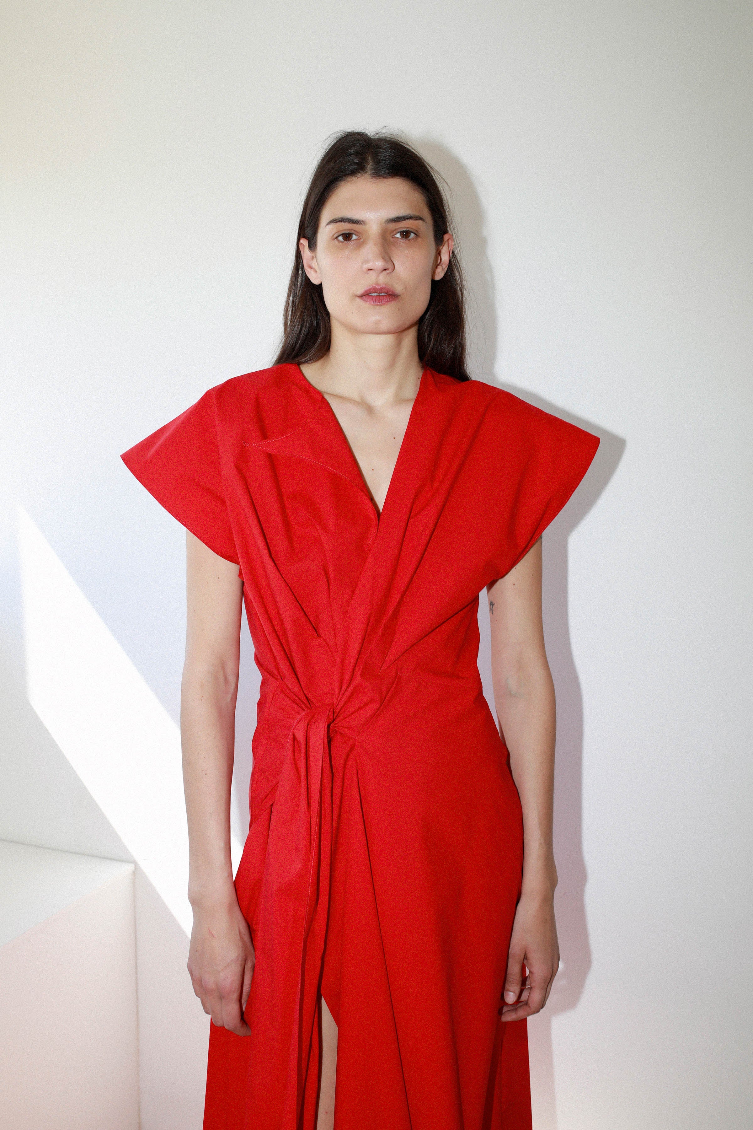 TIED DRESS in candy red poplin
