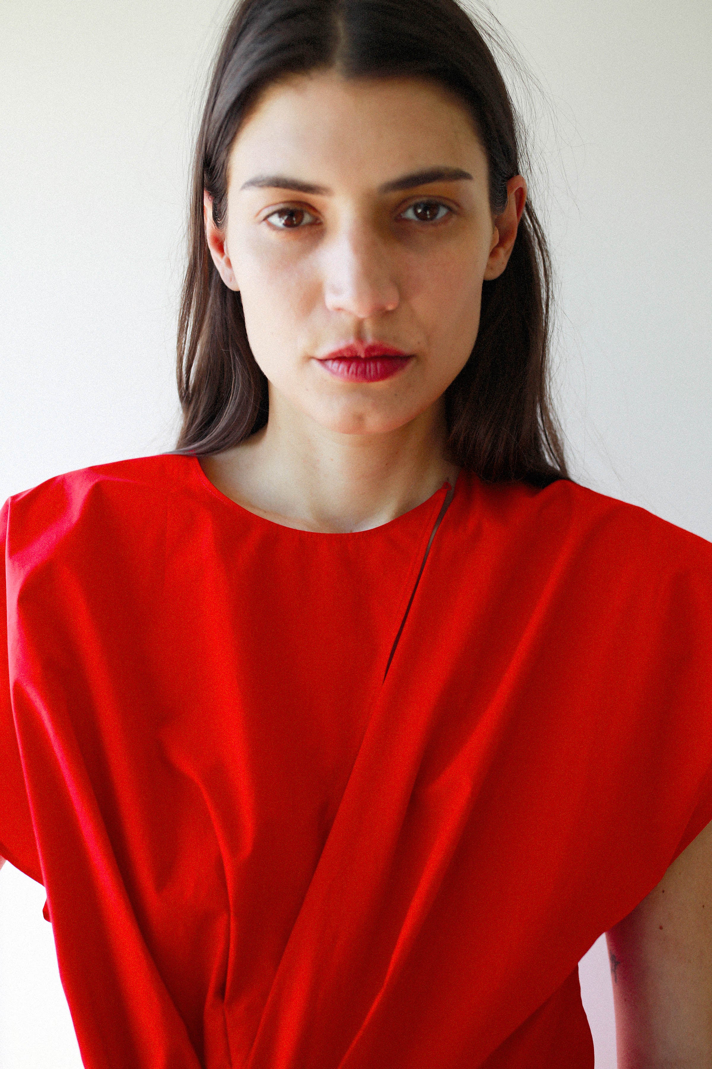 TIED DRESS in candy red poplin