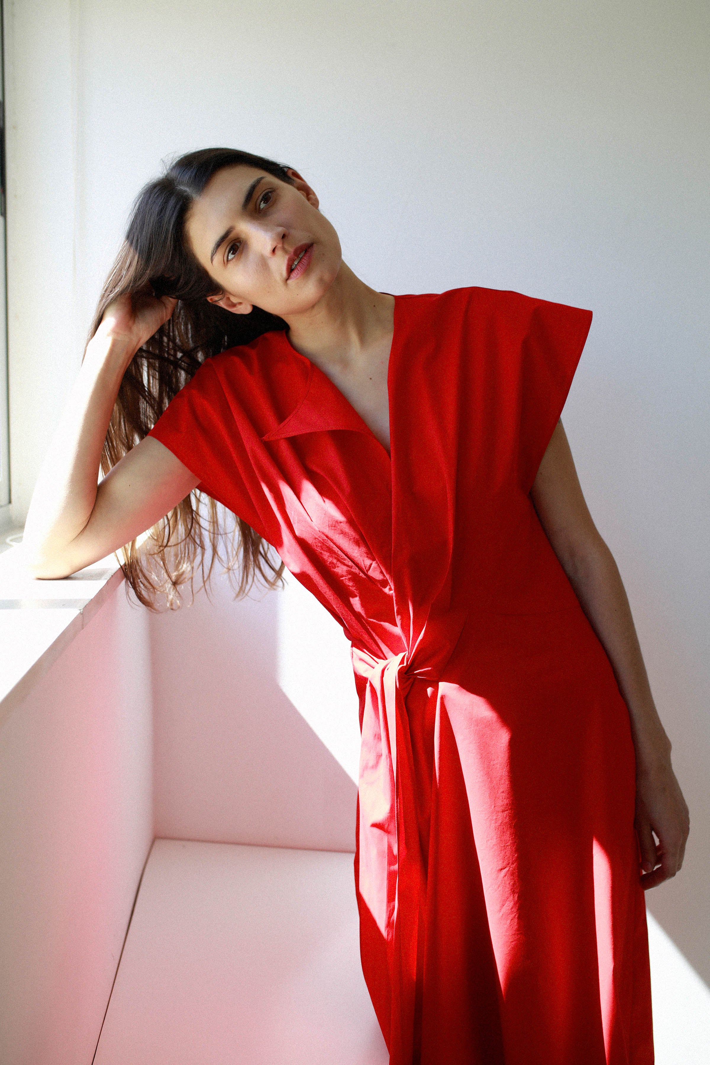 TIED DRESS in candy red poplin
