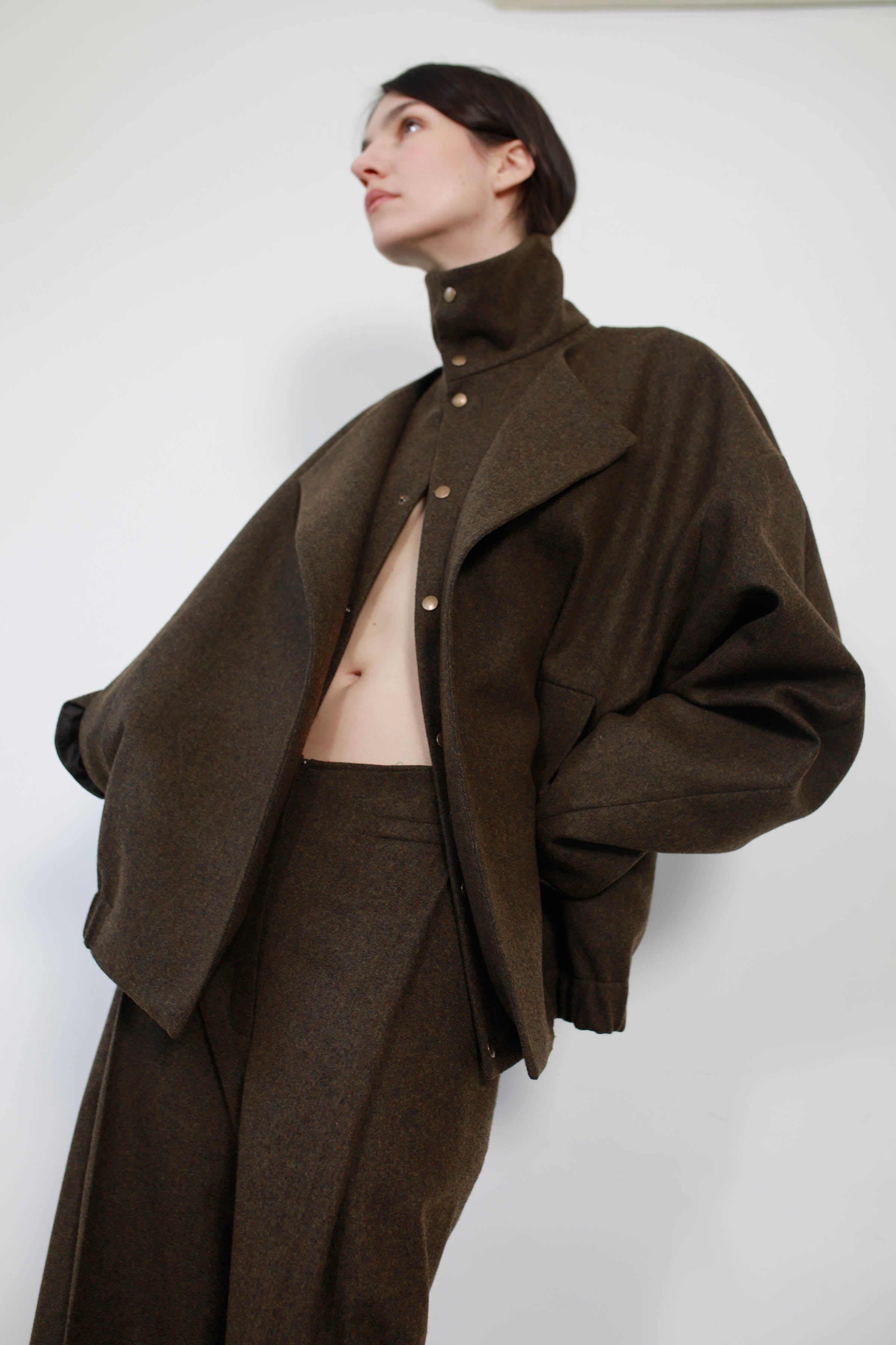 KHAKI WOOL JACKET WITH DETACHABLE COLLAR