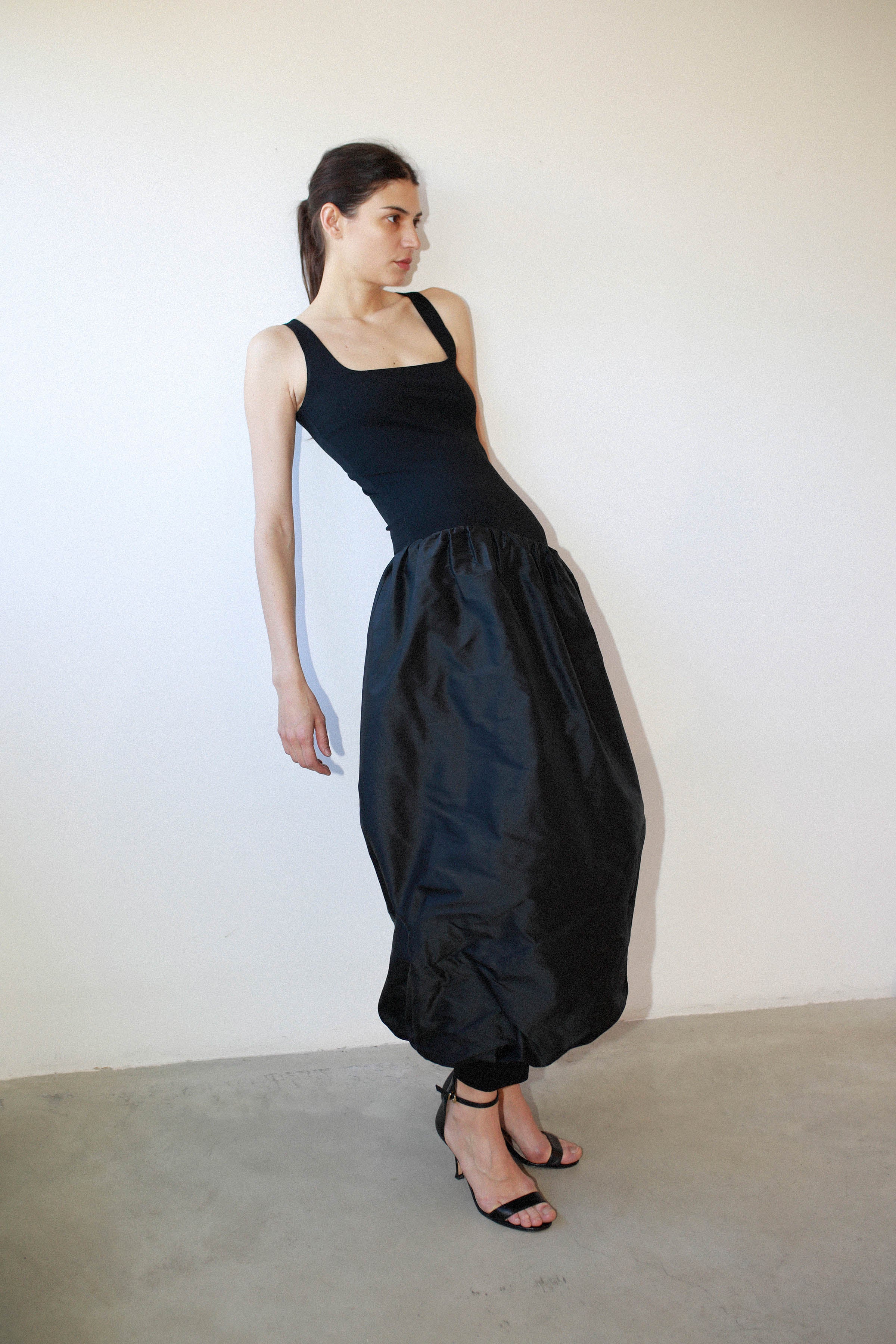 FITTED DRESS WITH SQUARE NECKLINE and black taffeta piece