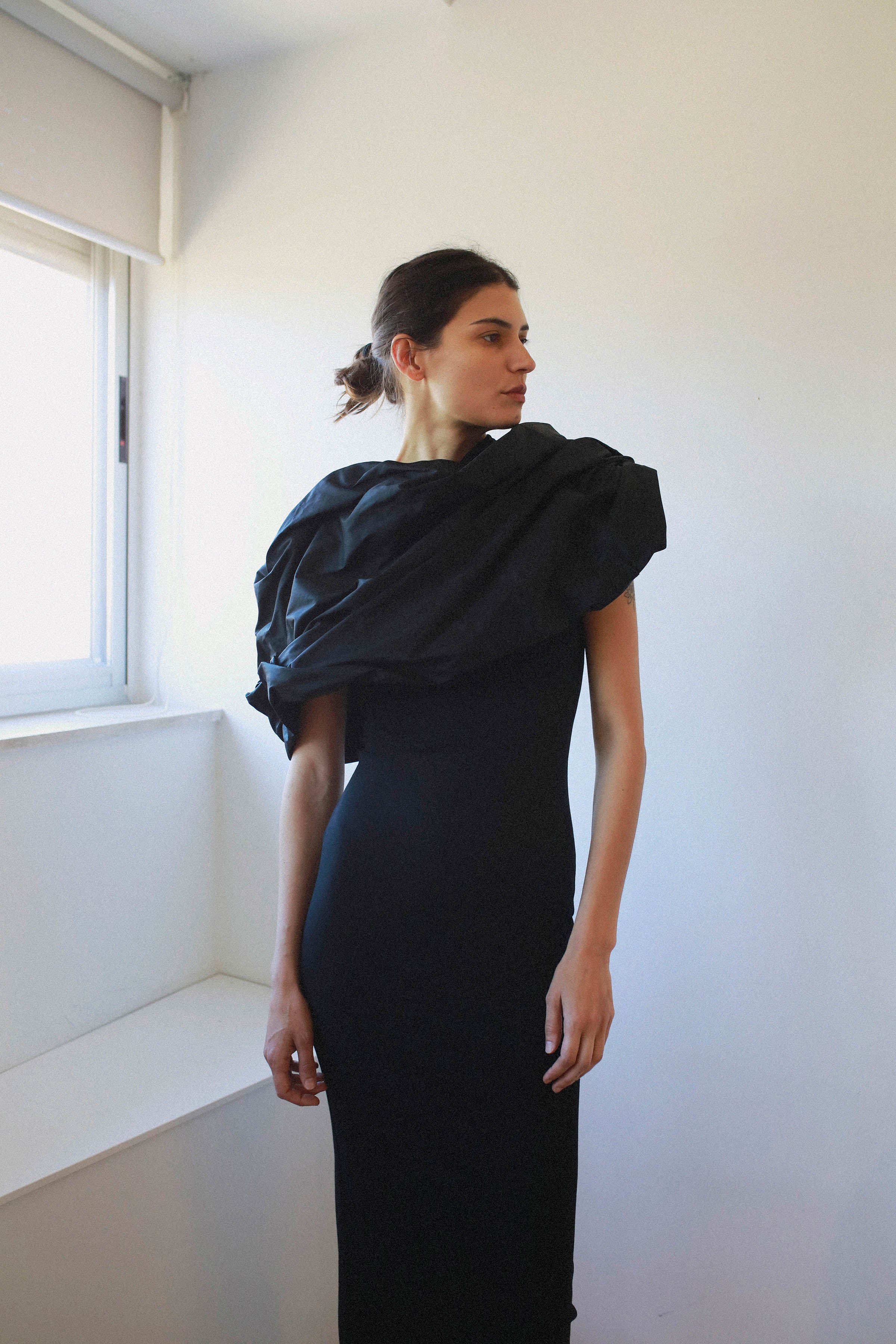 FITTED DRESS WITH SQUARE NECKLINE and black taffeta piece