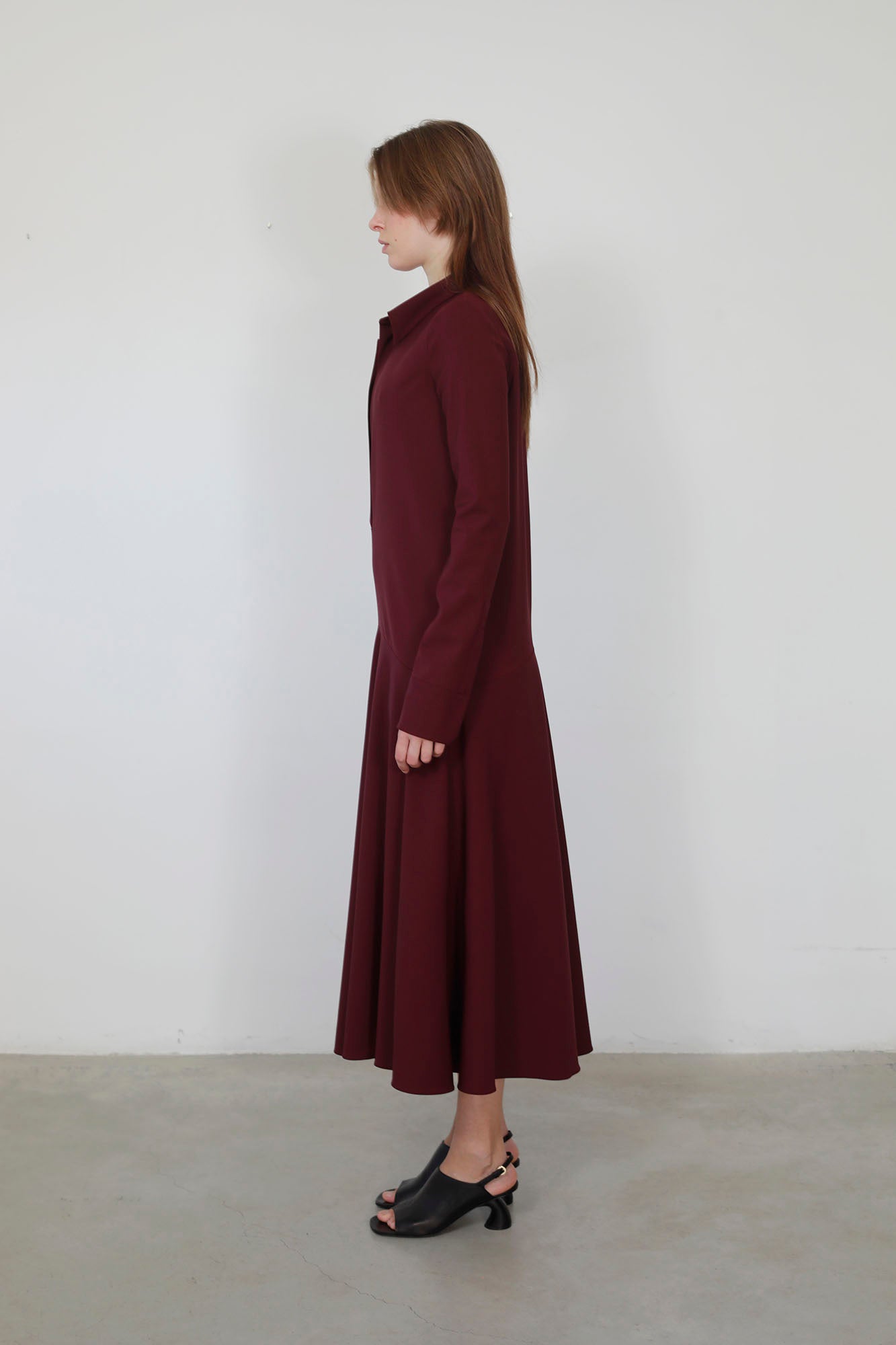 BURGUNDY WOOL LOW WAIST SHIRT DRESS