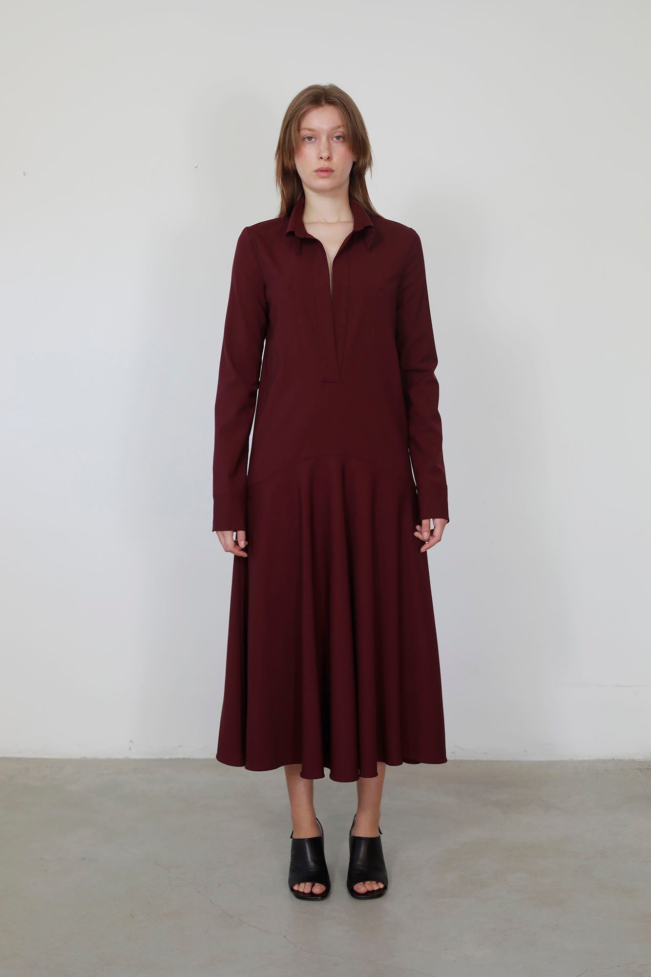 BURGUNDY WOOL LOW WAIST SHIRT DRESS