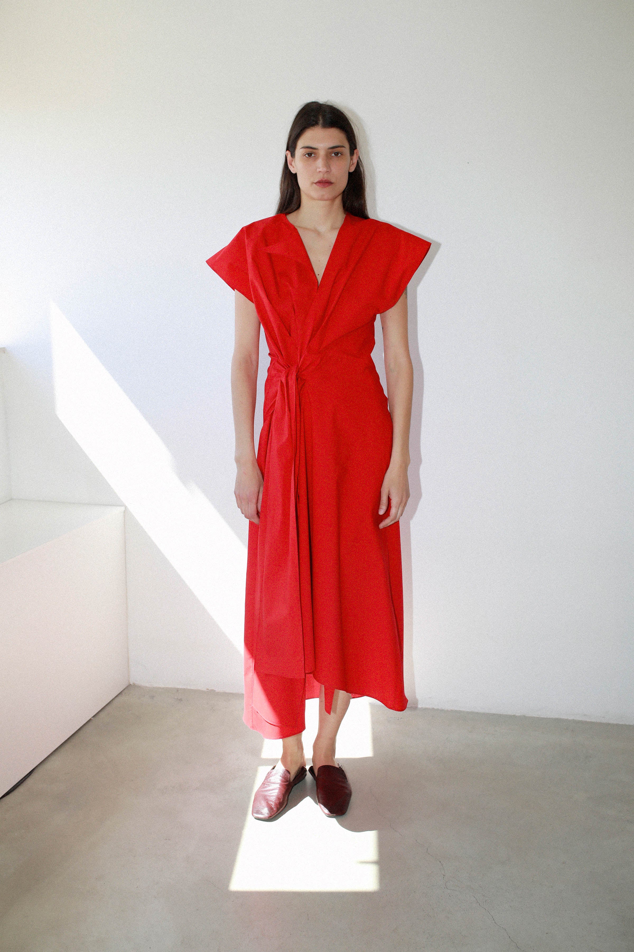 TIED DRESS in candy red poplin