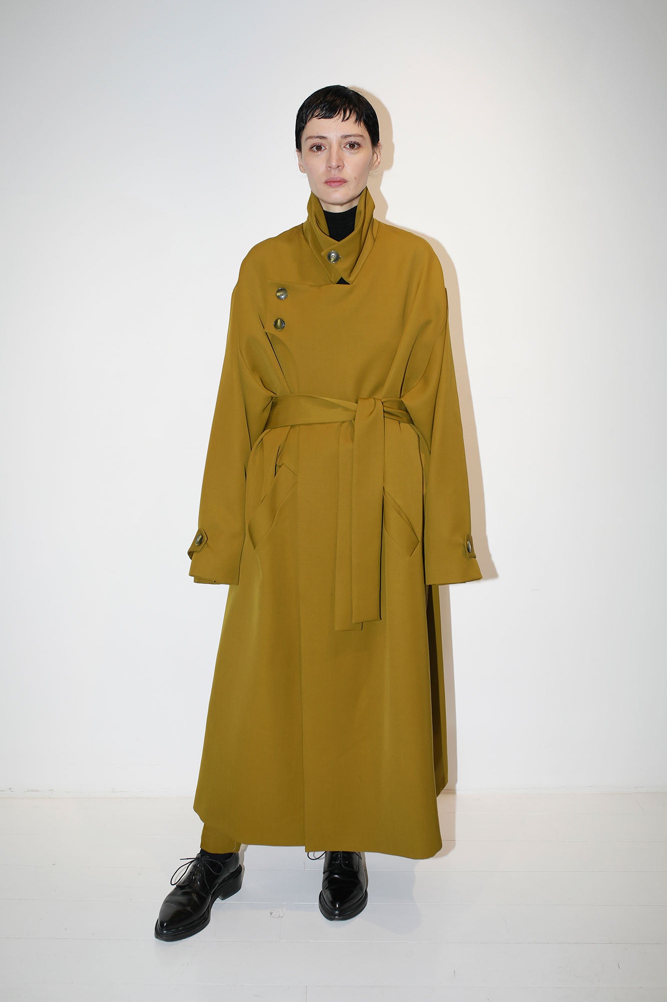 WOOL TRENCH COAT WITH OLIVE ASYMMETRIC LAPEL