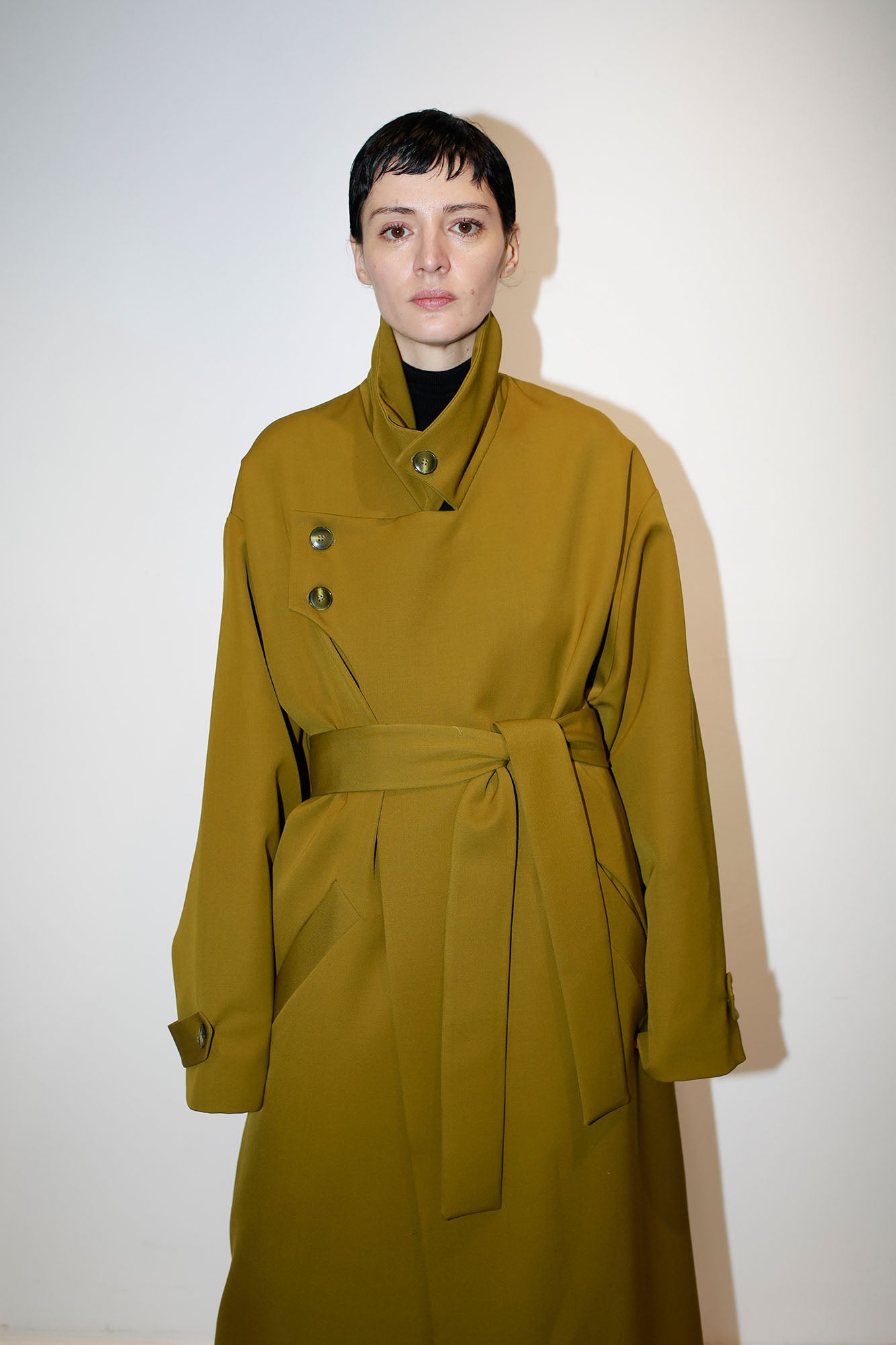 WOOL TRENCH COAT WITH OLIVE ASYMMETRIC LAPEL